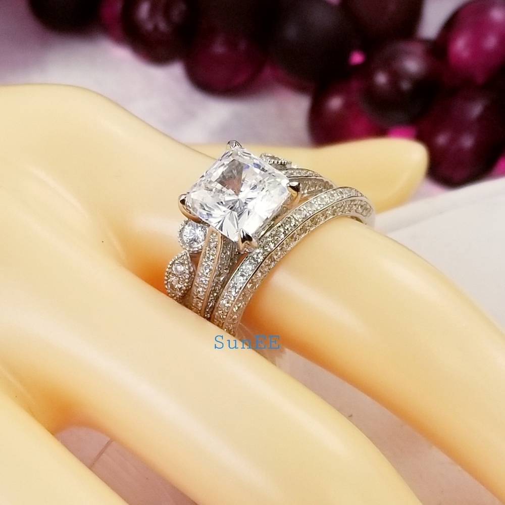 Real 925 Princess Cut Wedding Rings - Picture 2 of 4